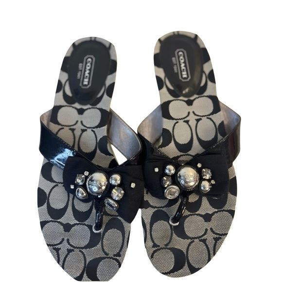 Coach Black & Silver Signature Print Sandals w/ Bow Accent - Picture 1 of 7
